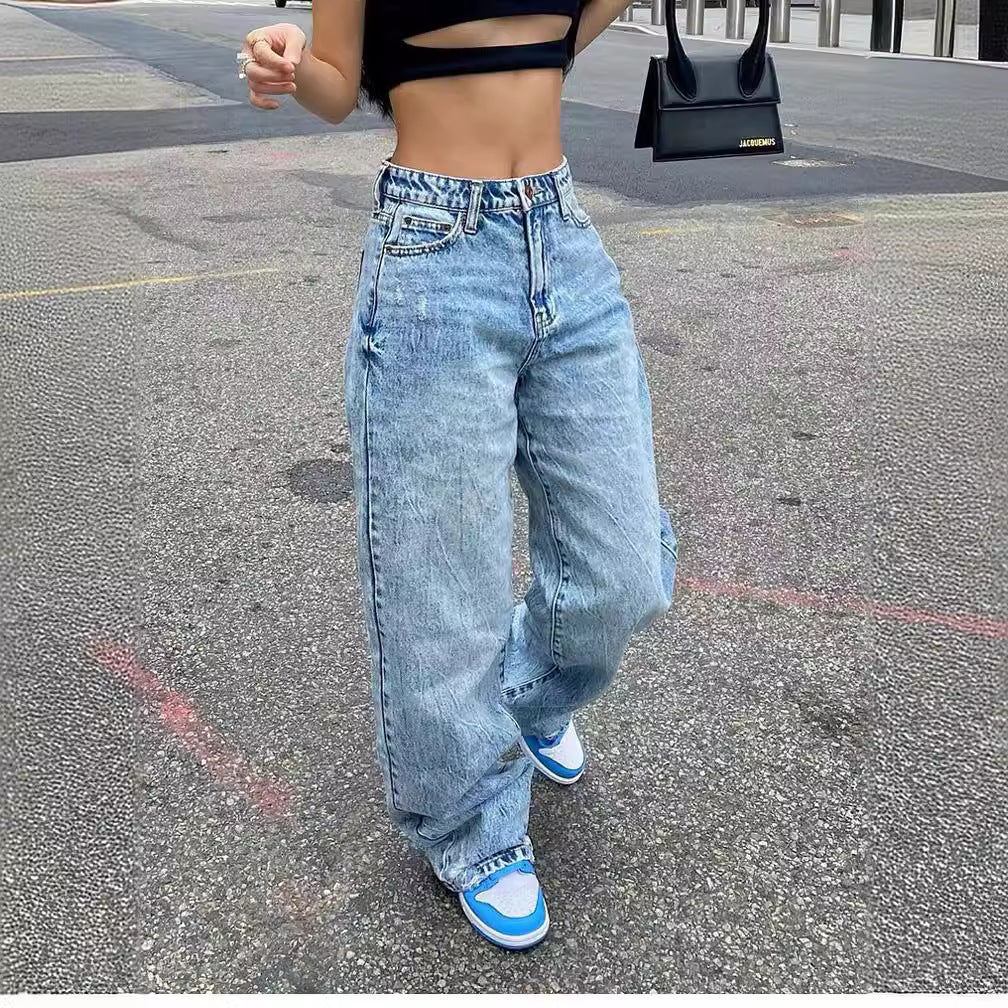 Damen nan weite High-Waist Baggy-Jeans mit tiefem Schritt, Five-Pocket Design und extra-langen Beinen Drune