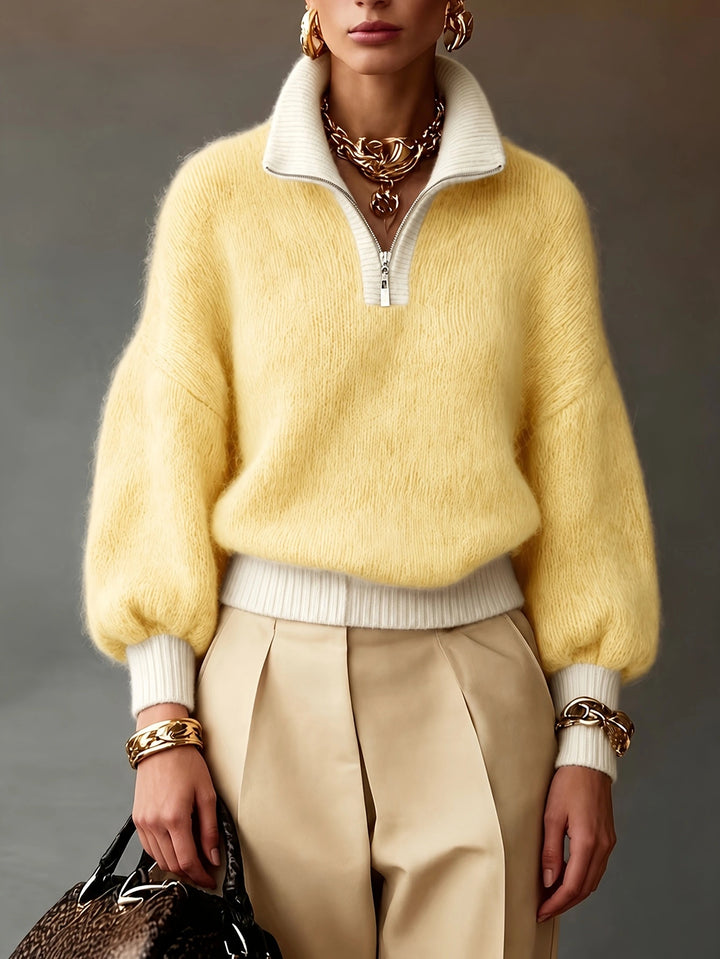 Damen Flauschiger Pullover mit halbem Reißverschluss, Stehkragen und Ballonärmeln Drune