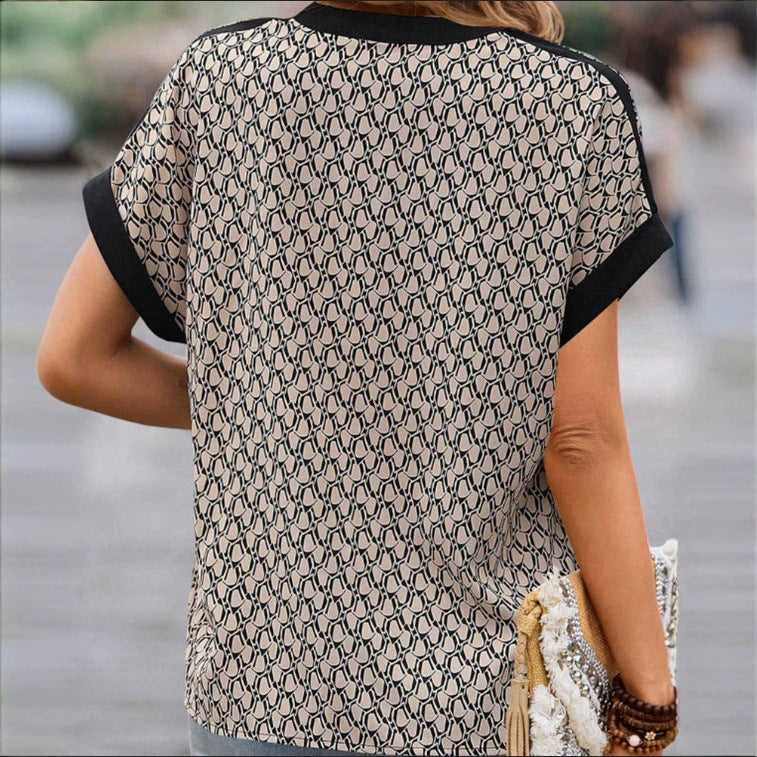 Damen nan leichte kastige Bluse in Krepp-Optik mit V-Ausschnitt und Kontrastpaspel Drune