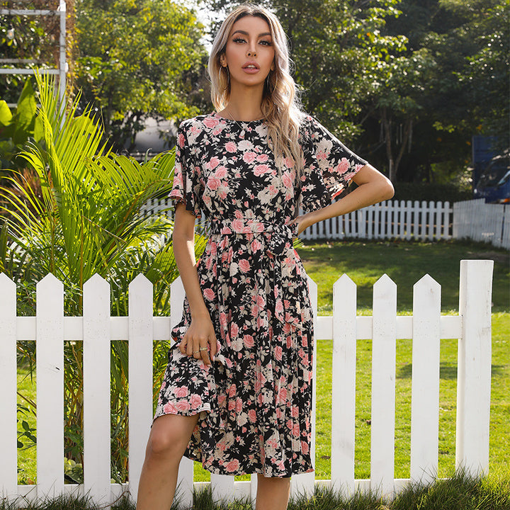 Damen Florales Midikleid mit Bindegürtel, Flatterärmeln und A-Linien-Schnitt Drune
