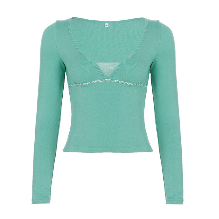 Damen Tailliertes Cropped-Longsleeve mit V‑Ausschnitt, feinem Rippstrick und Spitzen-Unterbrust Drune