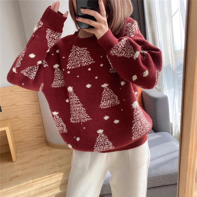 Damen gemütlicher Pullover mit Weihnachtsbaum-Muster Drune