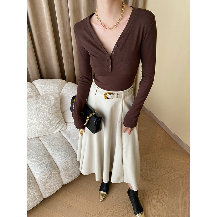 Damen Langarm-Henley-Shirt aus hochwertigem Rippstrick mit modischen Knopfdetails Drune