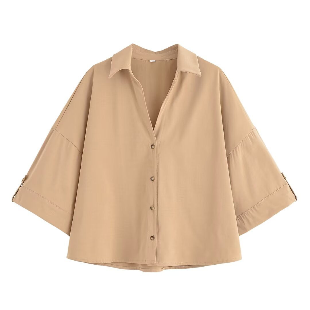 Damen Oversize-Hemdbluse mit dreiviertel-Ärmeln und Manschetten Drune