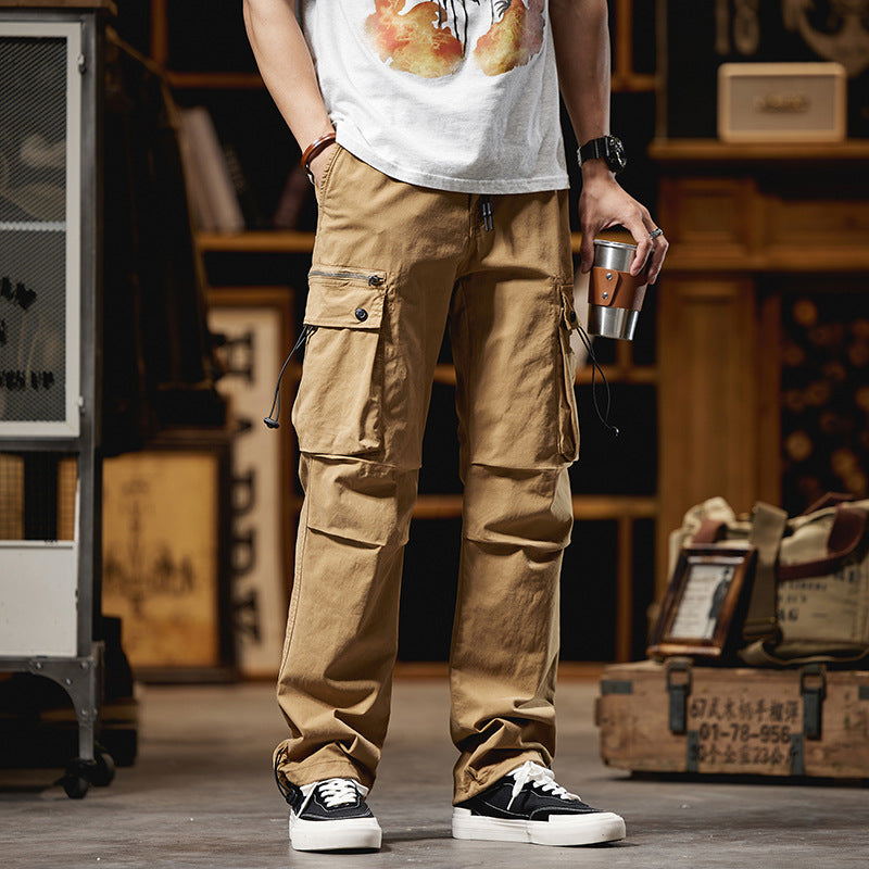 Herren Lockere Baumwoll‑Cargo‑Hose mit Tunnelzugbund, Knieabnähern und Multifunktionsklappen Drune