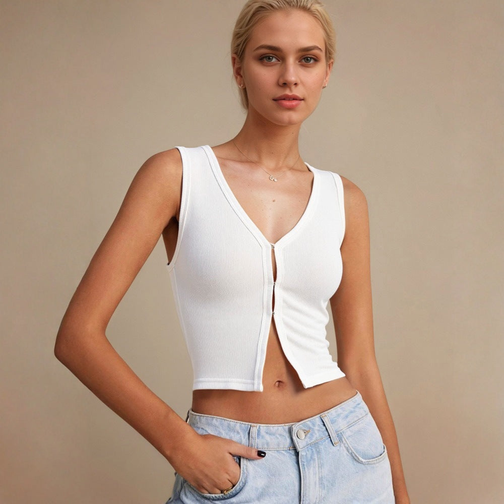 Damen cropped Oberteil mit tiefem V-Ausschnitt und dekorativem Knopfdesign Drune