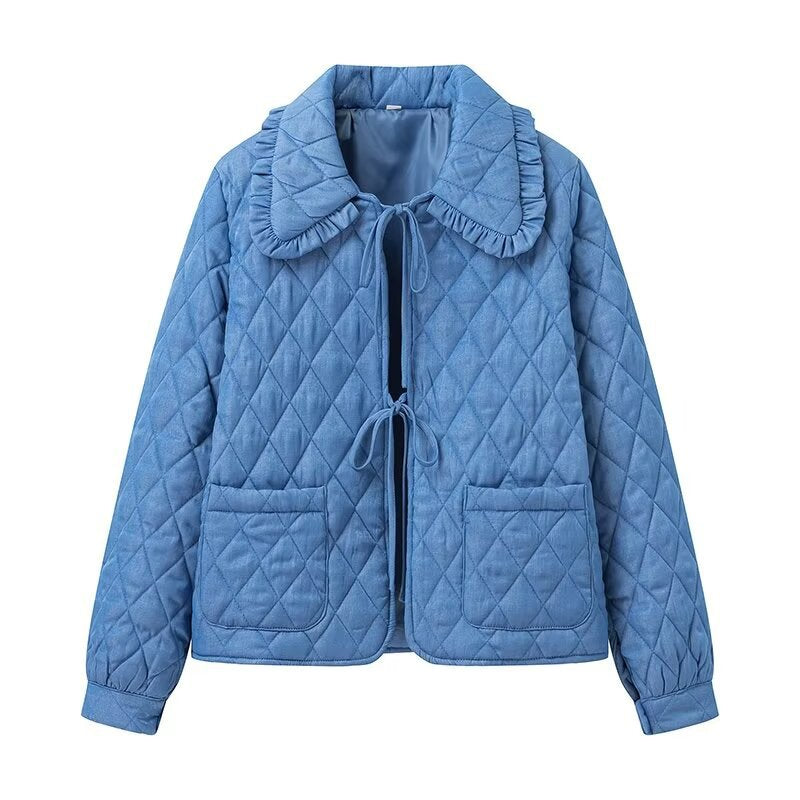 Damen nan gesteppte Kurzjacke mit Rüschkragen, Bindebändern und aufgesetzten Taschen Drune