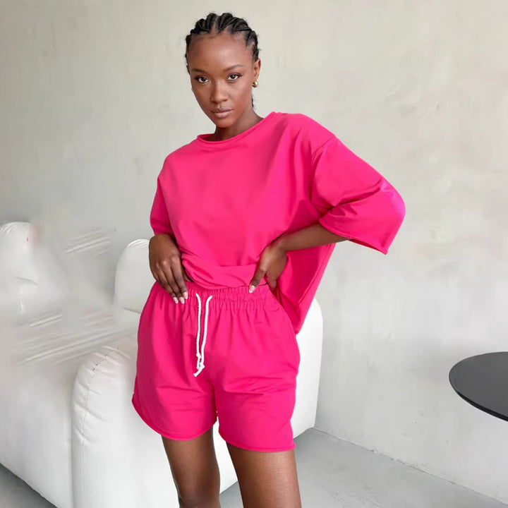 Damen lässiges Freizeitanzug-Set aus weichem Baumwollmix mit oversized T-Shirt und Shorts