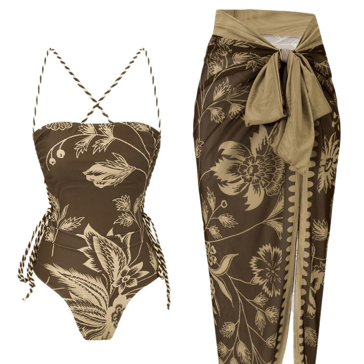 Damen Eleganter Floral Badeanzug mit passendem Wickelrock Drune