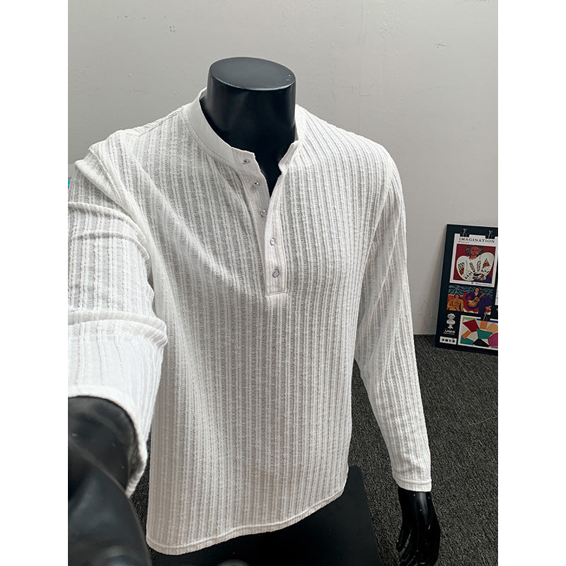 Herren Feinstrick-Henley mit Stehkragen, Rippstruktur und Knopfleiste Drune