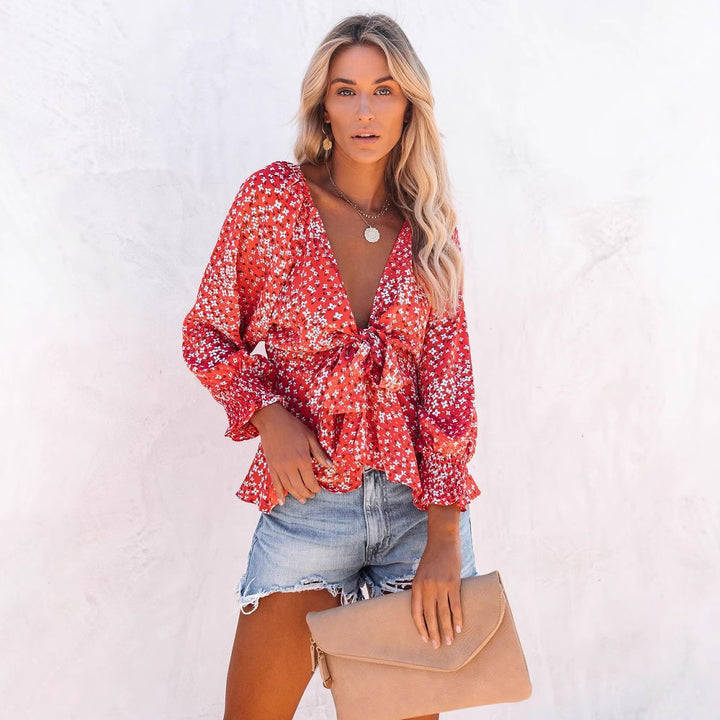 Damen Blusentop mit verspieltem floralem Muster und elegantem Knotendetail Drune