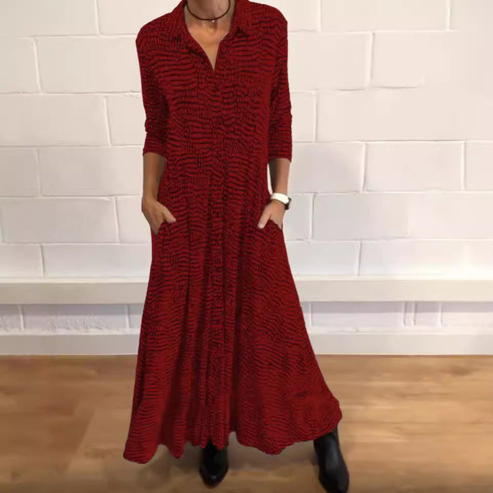 Damen nan fließendes Maxikleid mit Hemdblusenkragen, V-Ausschnitt, dreiviertelärmeln und Seitentaschen Drune