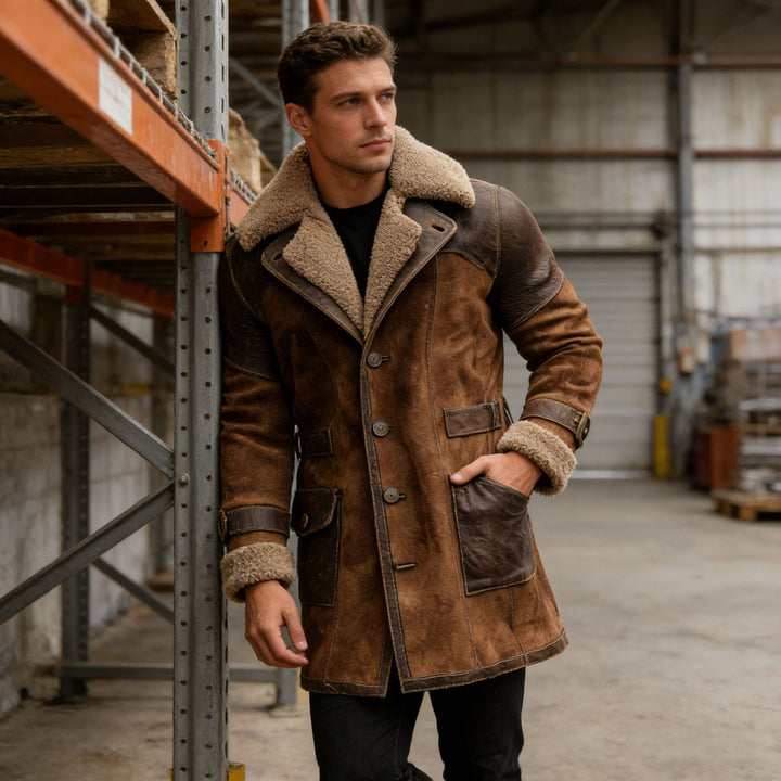 Herren Langer Shearling-Mantel aus Wildleder mit Lederbesatz Drune