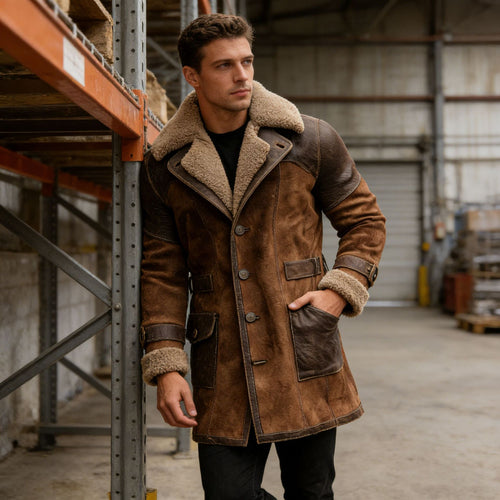 Herren Langer Shearling-Mantel aus Wildleder mit Lederbesatz Drune