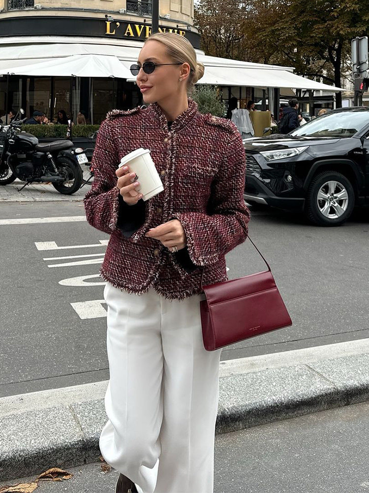 Damen Kurze Bouclé-Tweed-Jacke mit Fransenbesatz und Zierknöpfen Drune