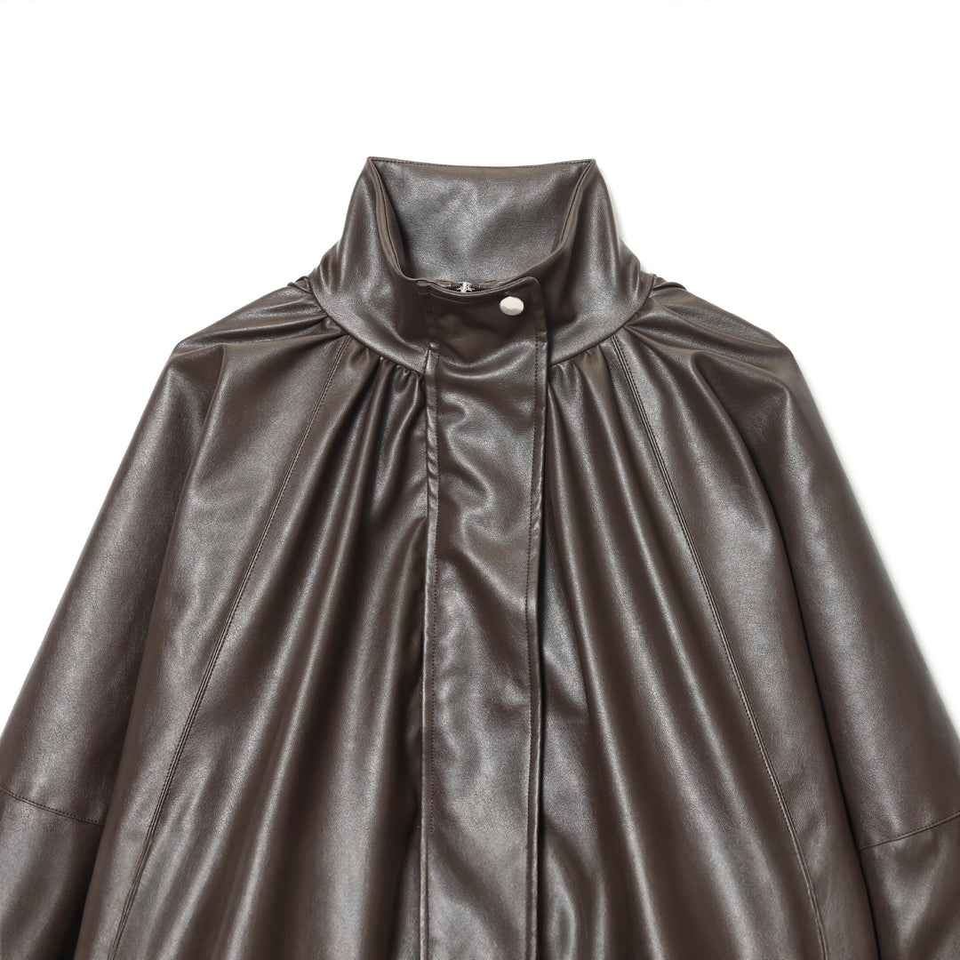 Damen nan kastiger Kunstleder-Blouson mit hohem Stehkragen, geraffter Schulterpartie und ballonärmeln Drune