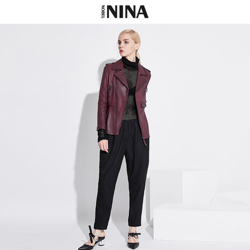 Damen Stylische Lederbikerjacke mit tailliertem Schnitt Drune
