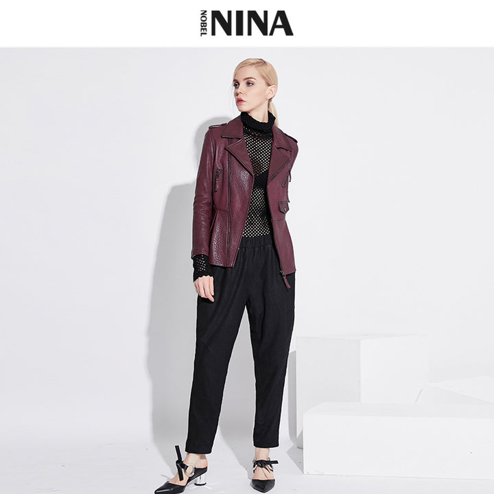 Damen Stylische Lederbikerjacke mit tailliertem Schnitt Drune