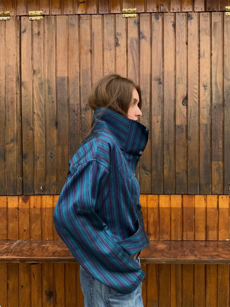 Damen Oversized Streifen-Pullover mit Halbreißverschluss, Stehkragen und Kängurutasche Drune