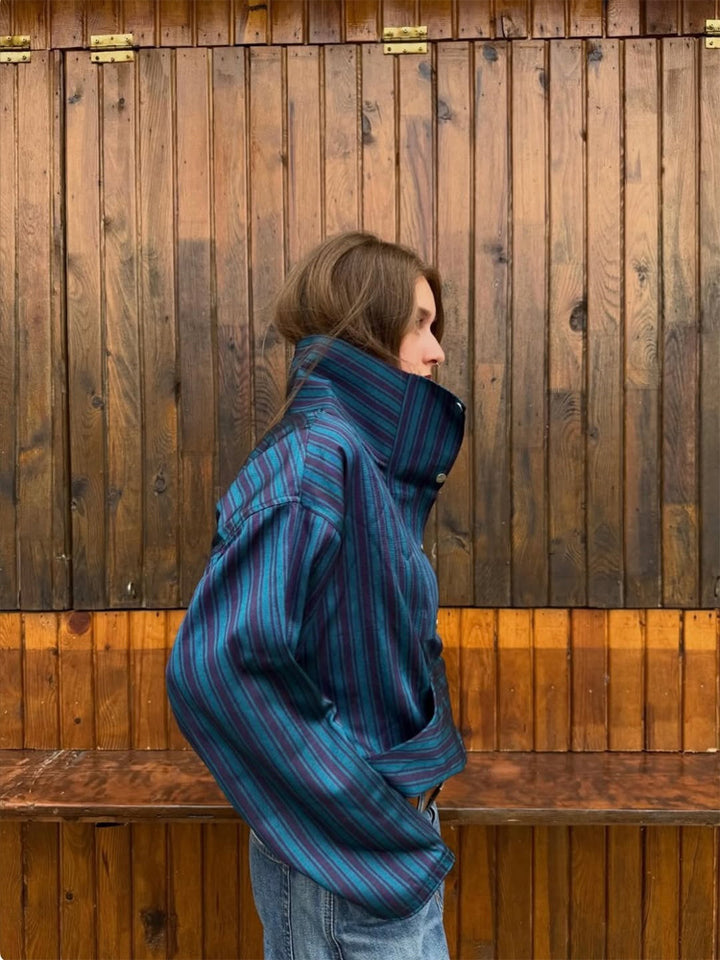 Damen Oversized Streifen-Pullover mit Halbreißverschluss, Stehkragen und Kängurutasche Drune
