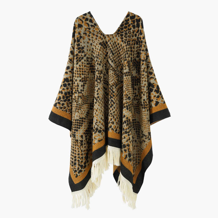 Damen Jacquard-Knitcape mit Leoparden‑Print, V‑Ausschnitt und Fransensaum Drune