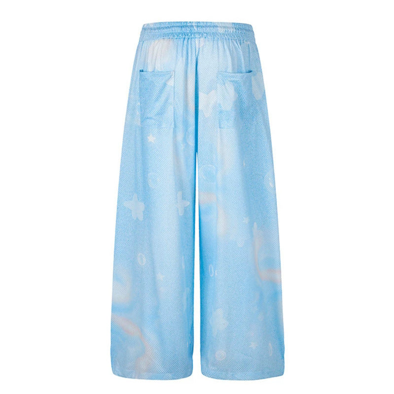 Damen Weite Mesh‑Palazzo‑Loungehose mit elastischem Komfortbund und Stern-Bubble-Print Drune