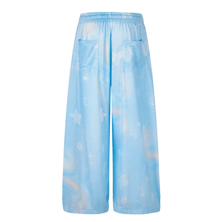 Damen Weite Mesh‑Palazzo‑Loungehose mit elastischem Komfortbund und Stern-Bubble-Print Drune
