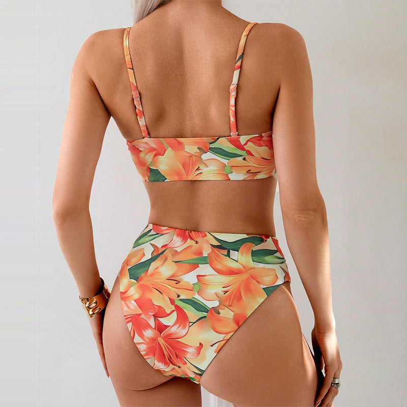 Damen Bikini-Set mit floralem Knotendesign und hohem Schnitt Drune