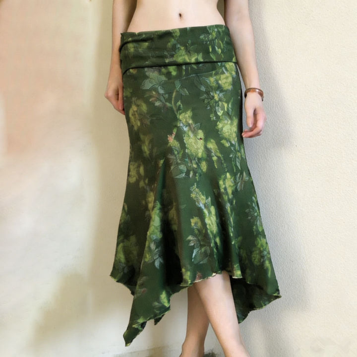 Damen asymmetrischer Maxi-Rock mit floralen Akzenten und elastischem Bund Drune