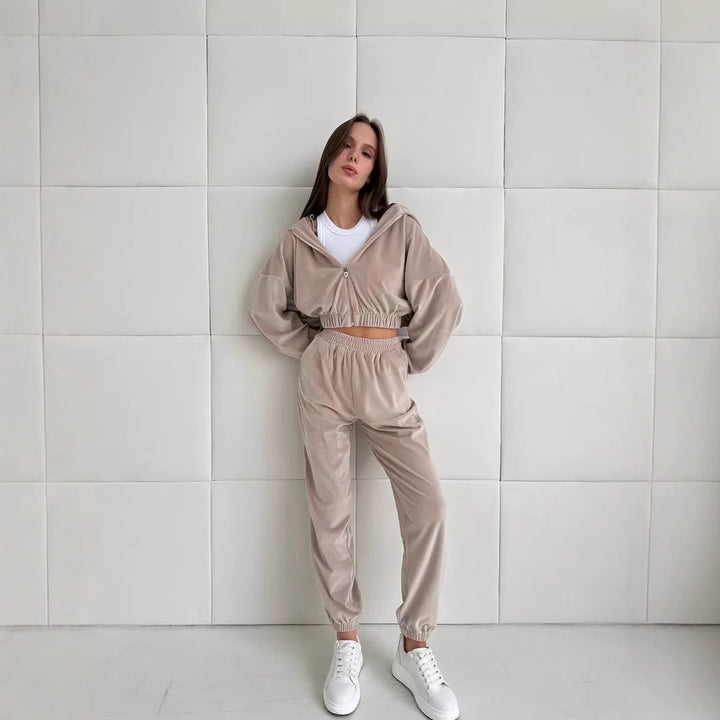 Damen Cropped Samt-Loungewear-Set mit kurzem Reißverschluss, elastischem Taillenbund und weiter Jogginghose Drune