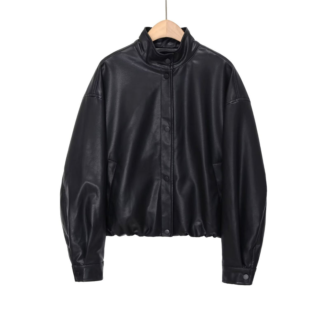Damen nan kurze PU-Leder Bomberjacke mit Stehkragen, Druckknopfleiste und elastischem Saum Drune