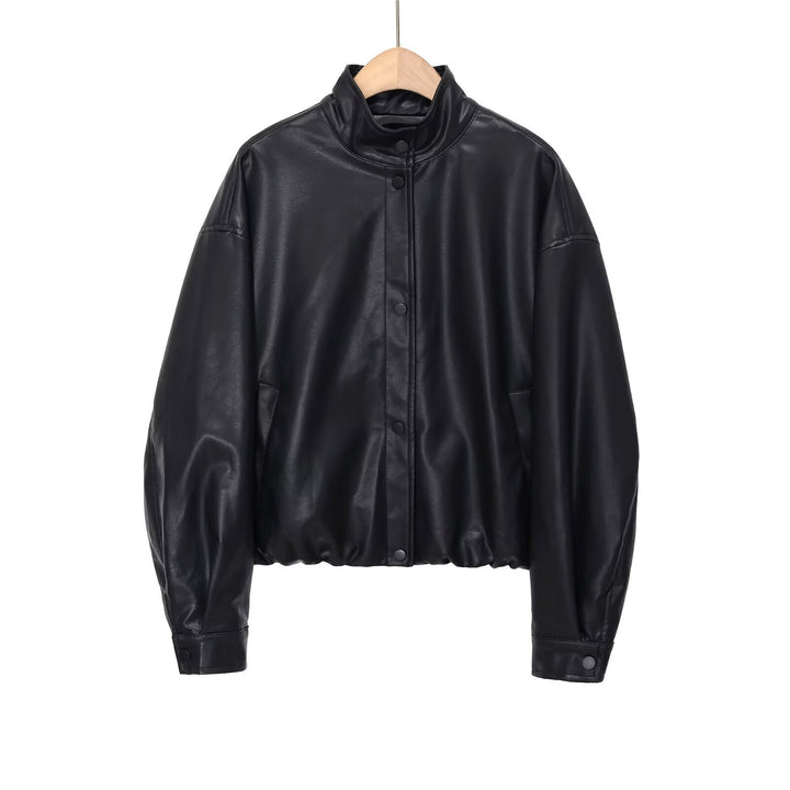 Damen nan kurze PU-Leder Bomberjacke mit Stehkragen, Druckknopfleiste und elastischem Saum Drune