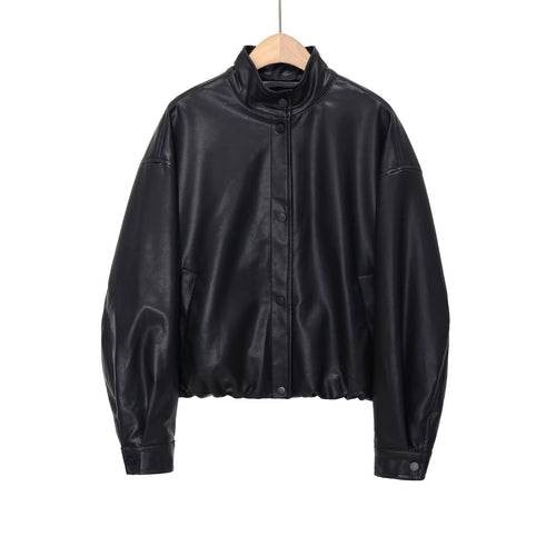 Damen nan kurze PU-Leder Bomberjacke mit Stehkragen, Druckknopfleiste und elastischem Saum Drune