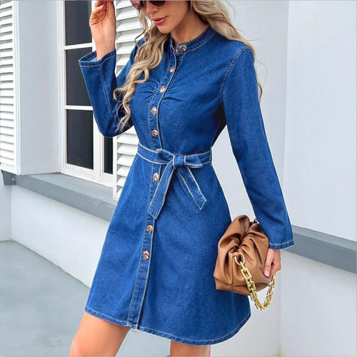 Damen Tailliertes Denim-Kleid mit Knopfleiste und Bindegürtel Drune