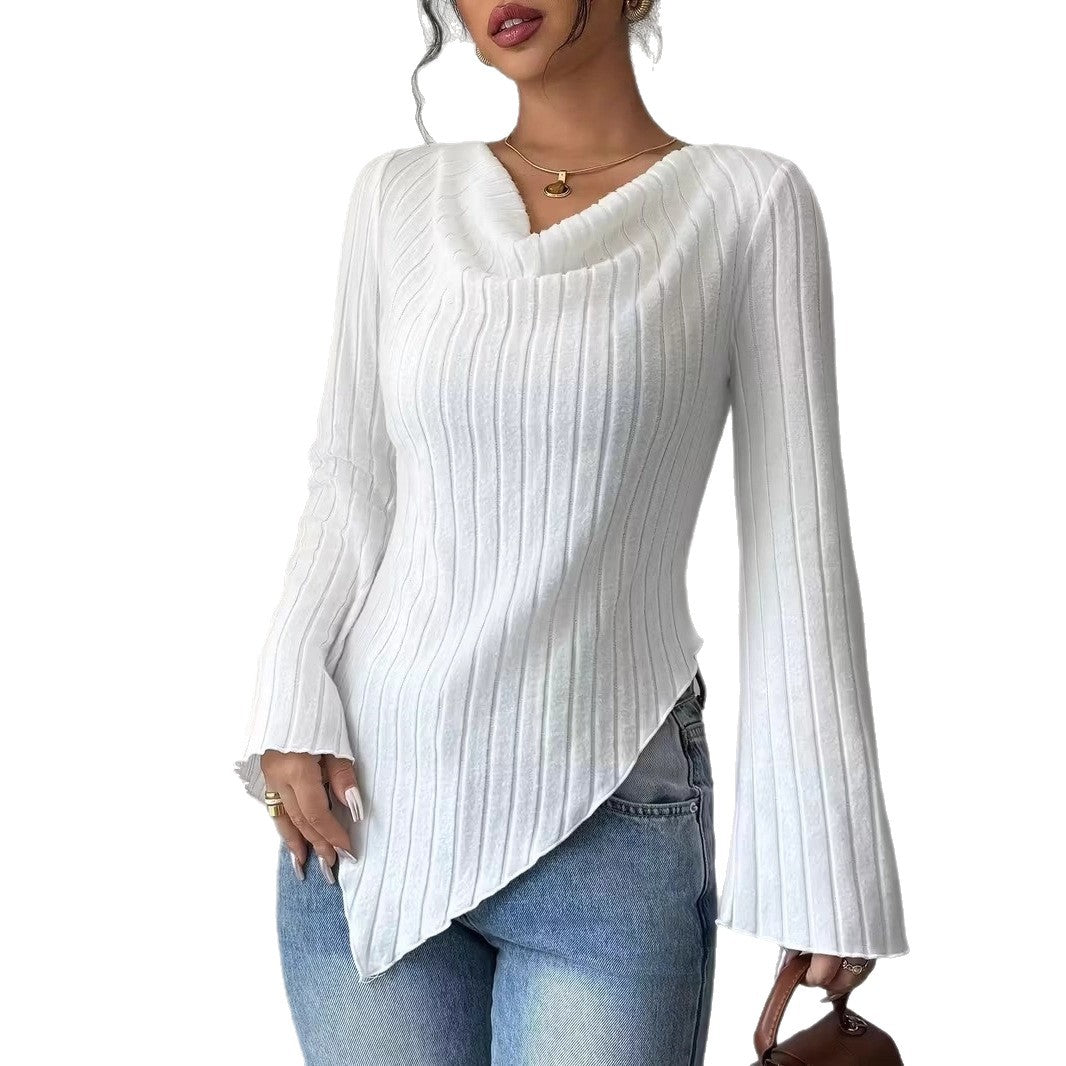 Damen Asymmetrischer Gerippter Feinstrickpullover mit V-Ausschnitt Drune