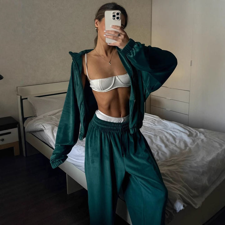 Damen lässiges Lounge-Zweiteiler Set mit Oversize Zipjacke und weitem Bundhose Drune