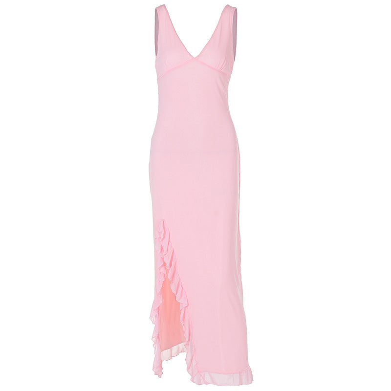 Damen Maxikleid mit tiefem Schlitz und eleganten Rüschendetails Drune