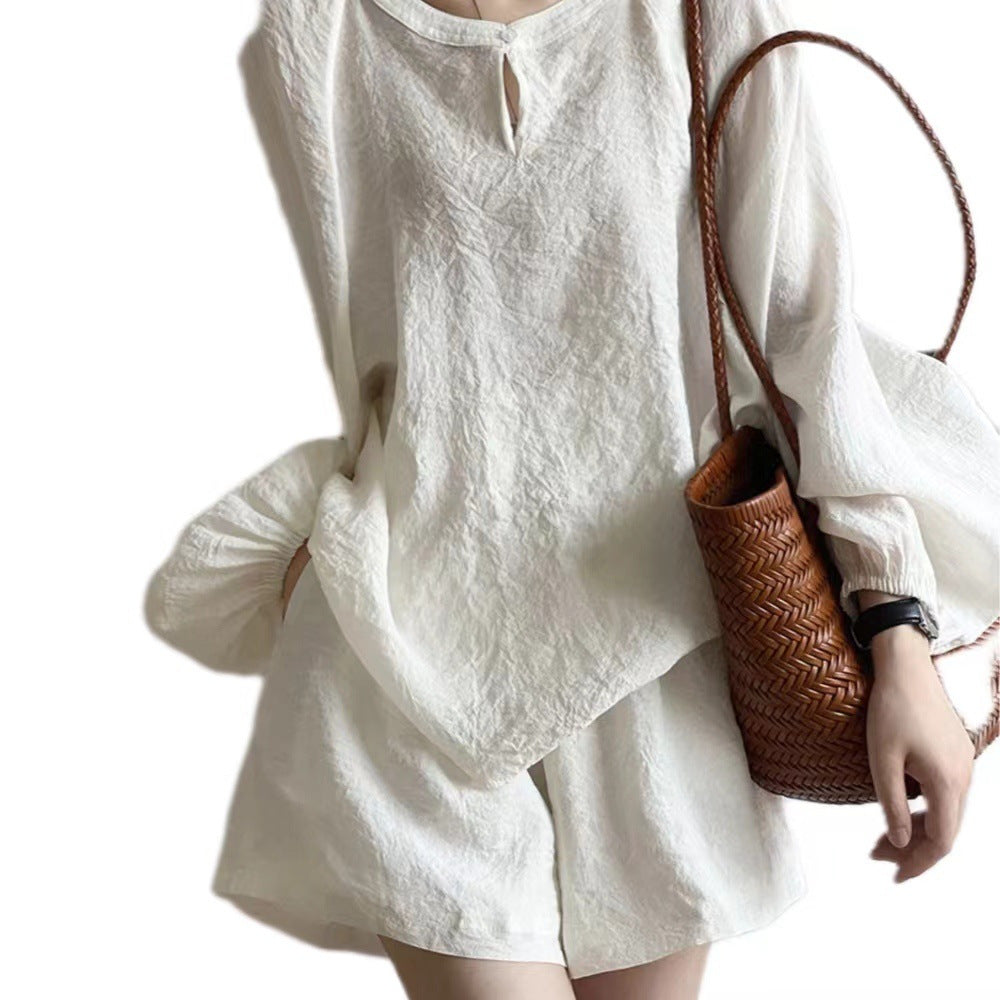 Damen Lockeres Leinen-Set mit Rundhalsausschnitt, Schlitzbluse und weiten Shorts Drune
