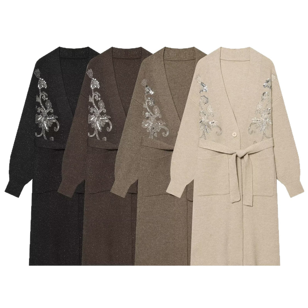 Damen Langer Strickcardigan mit Taillengürtel und Pailletten‑Stickerei Drune