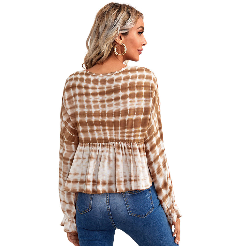 Damen luftiges Peplum-Blusenshirt mit Batikmuster, Kordel‑Neckline und gerafften Ärmeln Drune