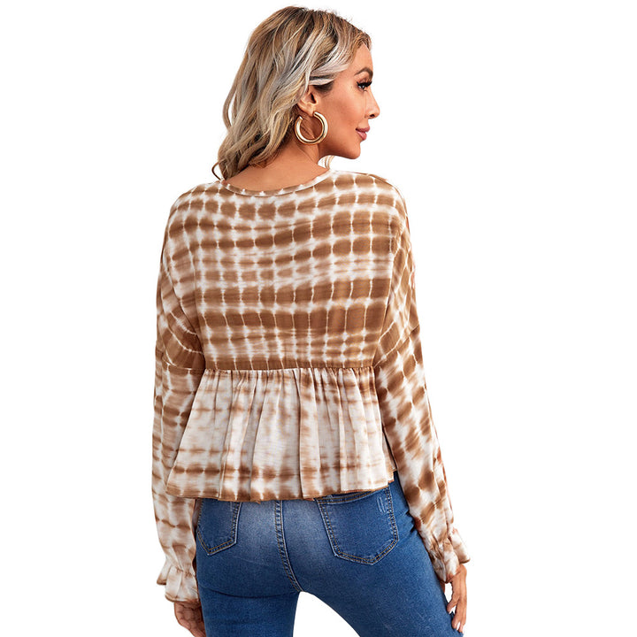 Damen luftiges Peplum-Blusenshirt mit Batikmuster, Kordel‑Neckline und gerafften Ärmeln Drune