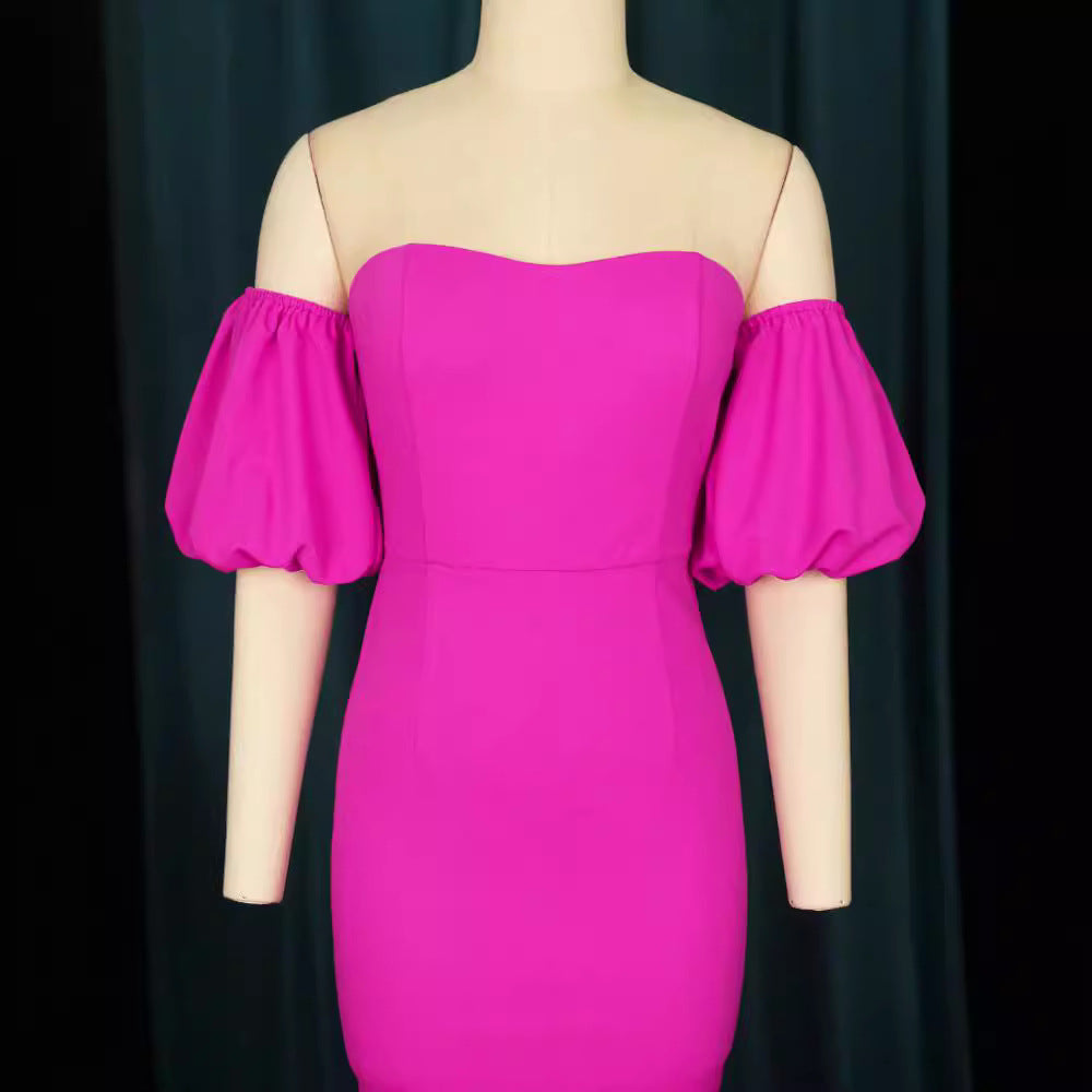 Damen Figurbetontes Abendkleid mit voluminösen Puffärmeln und Rüschenabschluss Drune