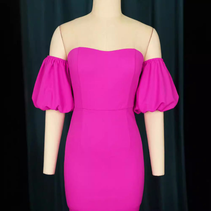 Damen Figurbetontes Abendkleid mit voluminösen Puffärmeln und Rüschenabschluss Drune