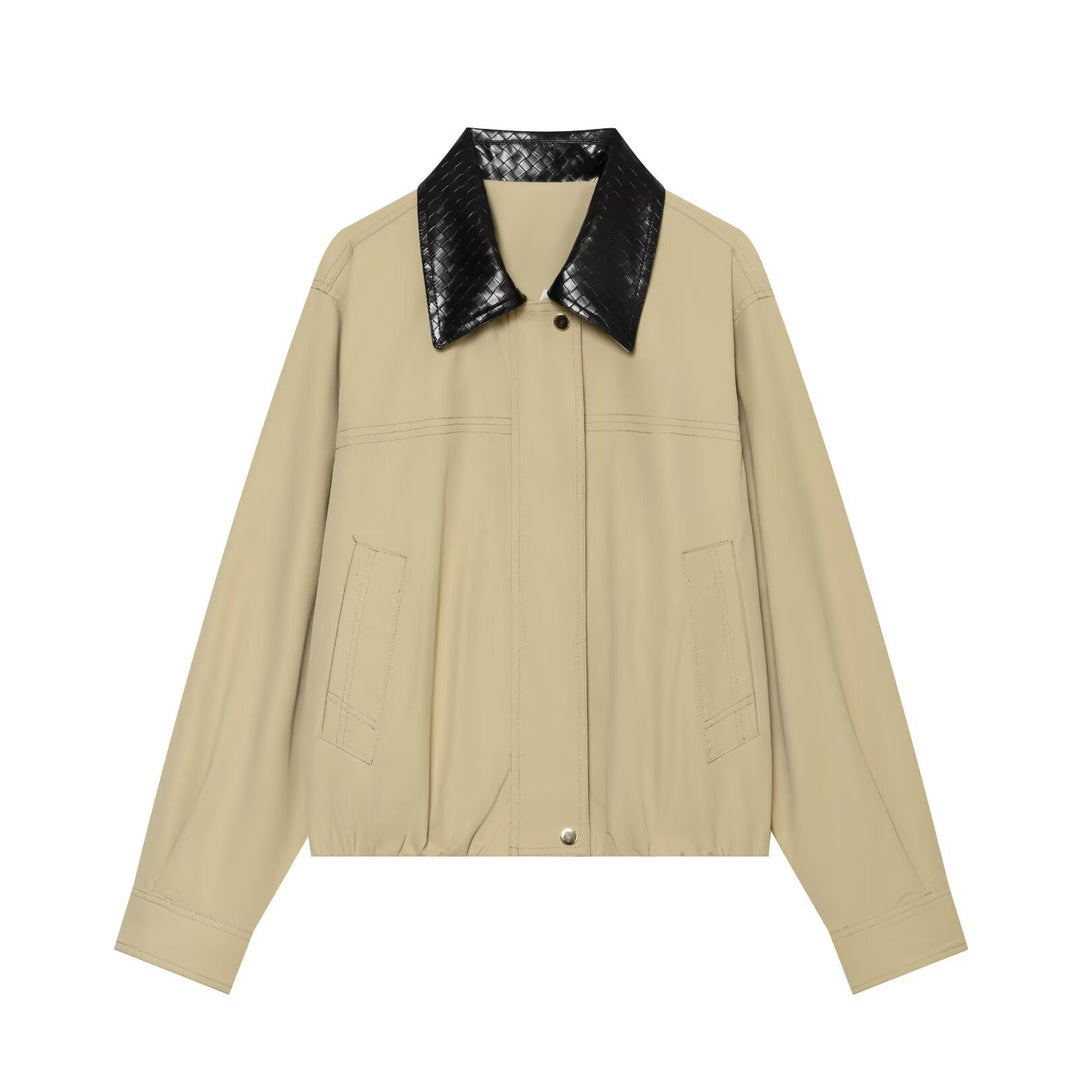 Damen Leichte Oversize Blousonjacke mit kontrastierendem geprägtem Kunstlederkragen Drune