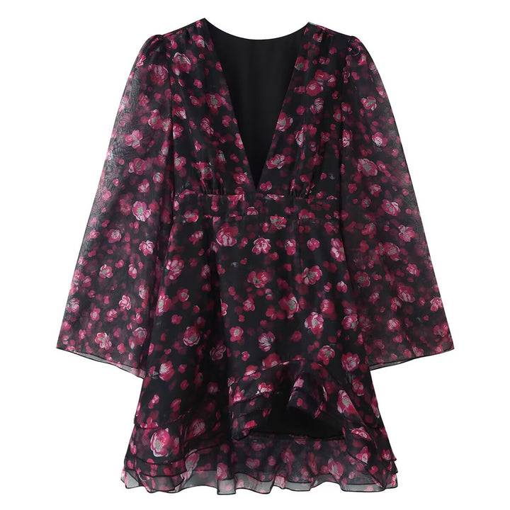 Damen Florales Chiffon-Minikleid mit tiefem V-Ausschnitt, Glockenärmeln und Stufenvolant Drune
