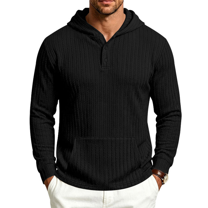Herren Kapuzen-Henley-Pullover mit Zopfstruktur, Kängurutasche und Rippbündchen Drune