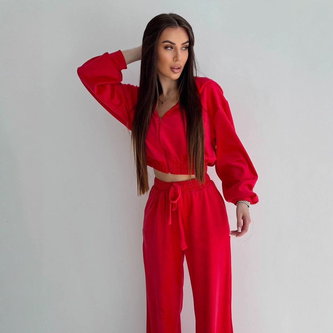 Damen Zweiteiliges Samt-Loungewear-Set mit Cropped-Zipjacke und weiter High-Waist-Sweathose Drune