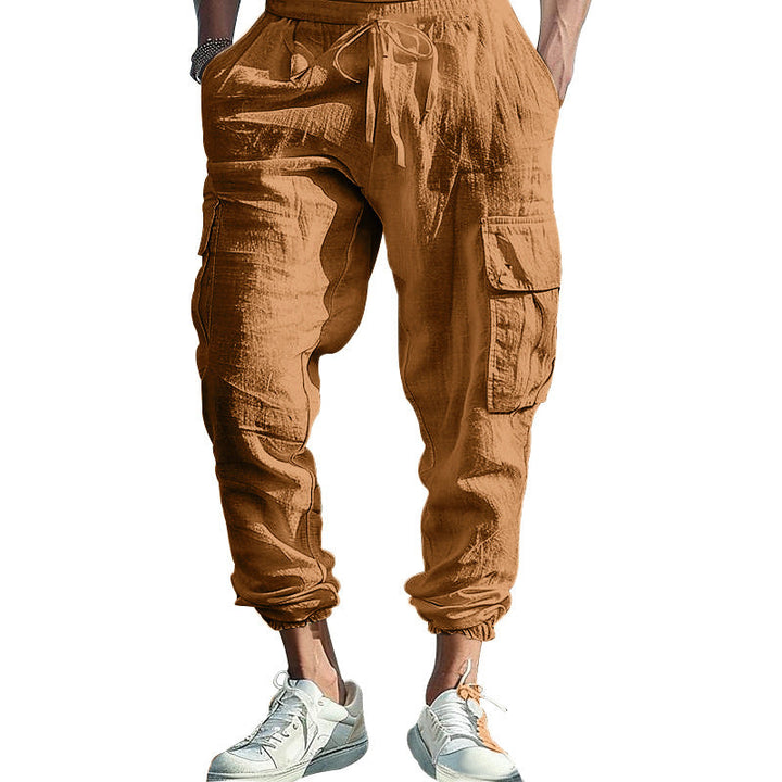 Herren nan lässige Leinen-Cargo-Jogger mit Kordelbund, großen Klapptaschen und elastischem Knöchelabschluss Drune
