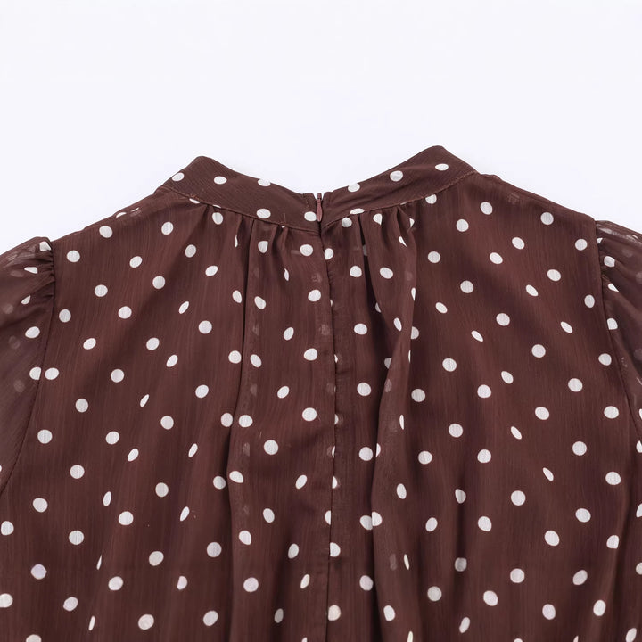 Damen nan gepunktete Chiffonbluse mit hohem Stehkragen, langem Schal und Kunstfellsaum Drune