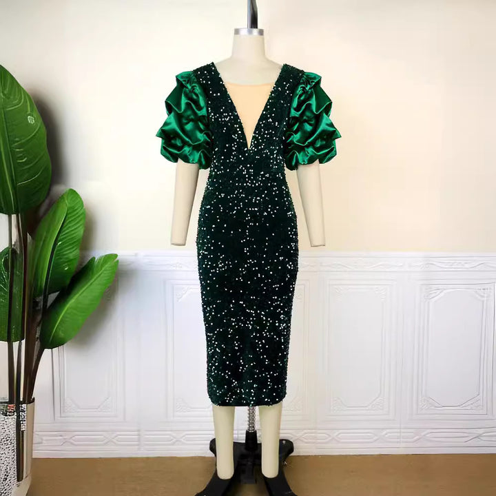 Damen Glamouröses Partykleid mit funkelnden Pailletten und voluminösen Ärmel Drune